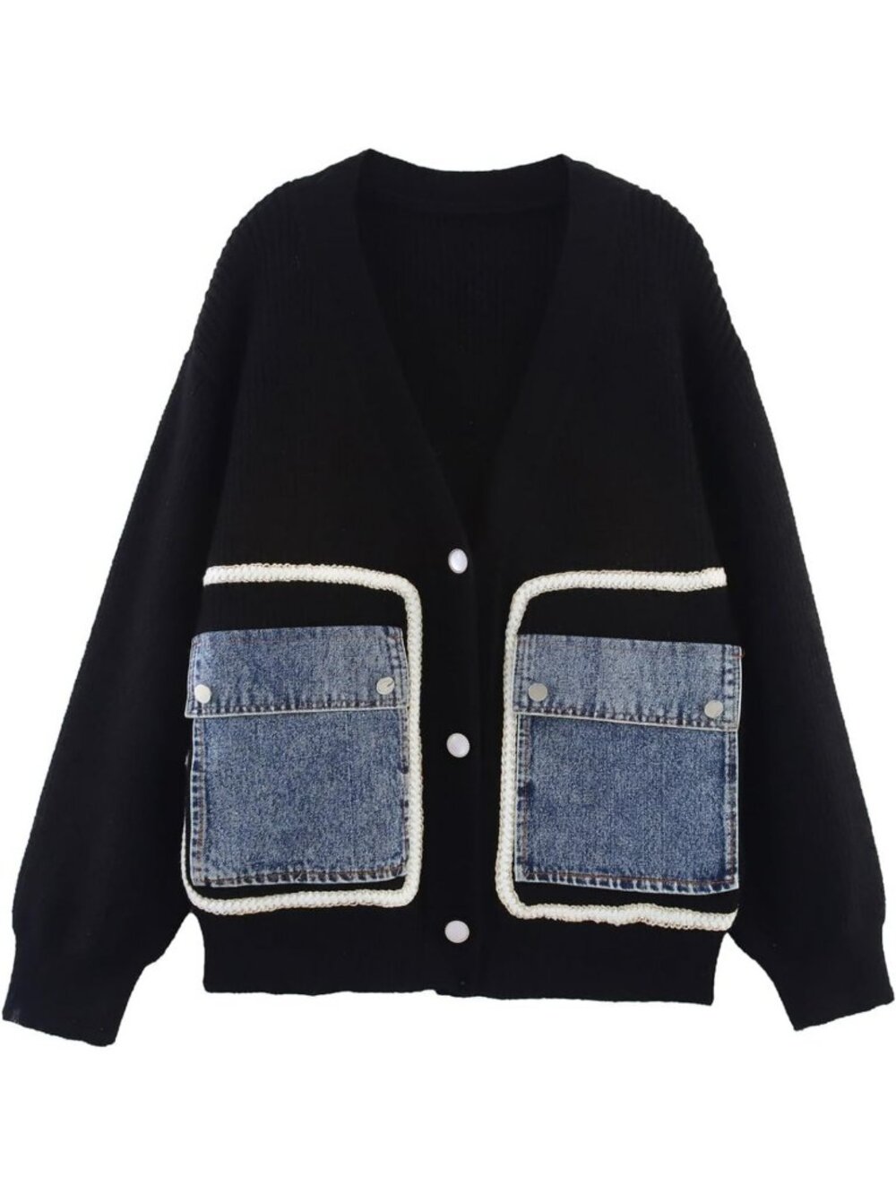 Casual Open Front Patchwork Cardigan Sweater with V Neck & Denim Pockets
